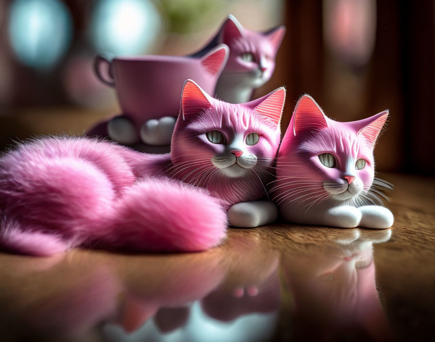 Whimsical Cat Figurines with Pink Features on Wooden Surface