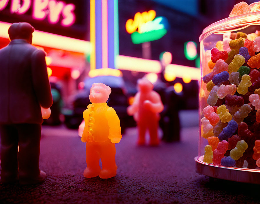 Vibrant miniature gummy bear scene with candy jar and neon signs