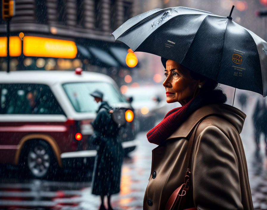 Woman with umbrella on rainy city street with soft-focus lights.