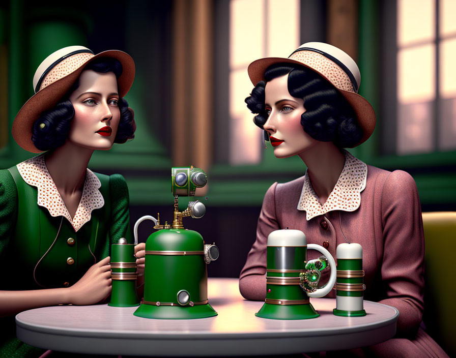 Vintage-style women in green dresses with robot and steins at table