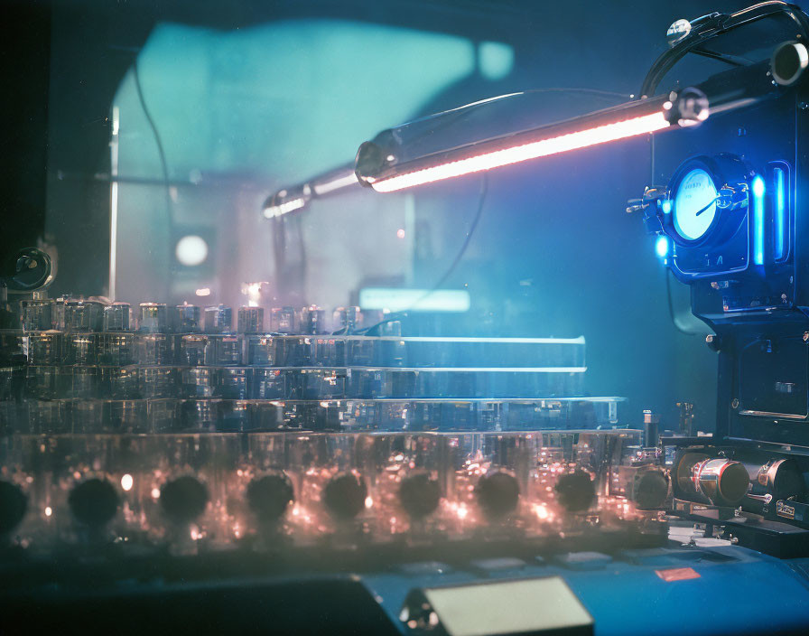 Robotic Arm System Handling Test Tubes Under Blue and Pink Lights