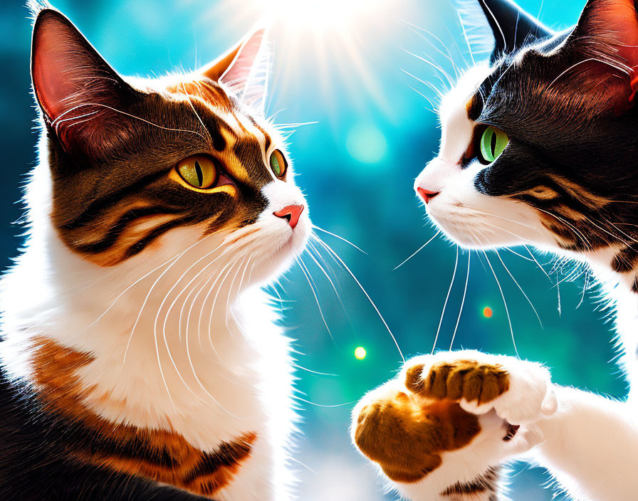 Two cats with striking green eyes in sunflare face off