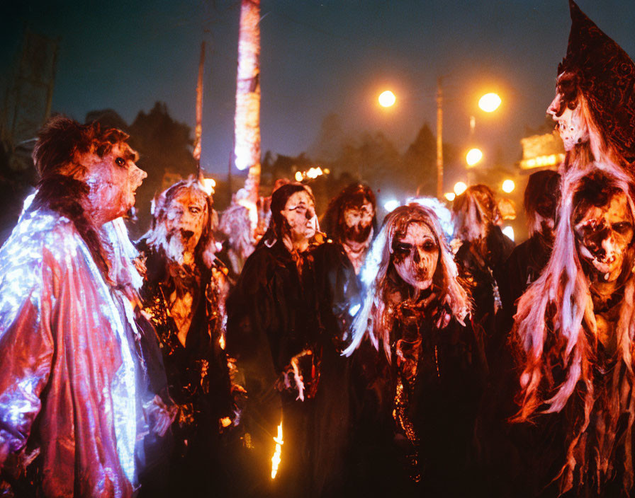 Group of People in Elaborate Spooky Costumes at Night