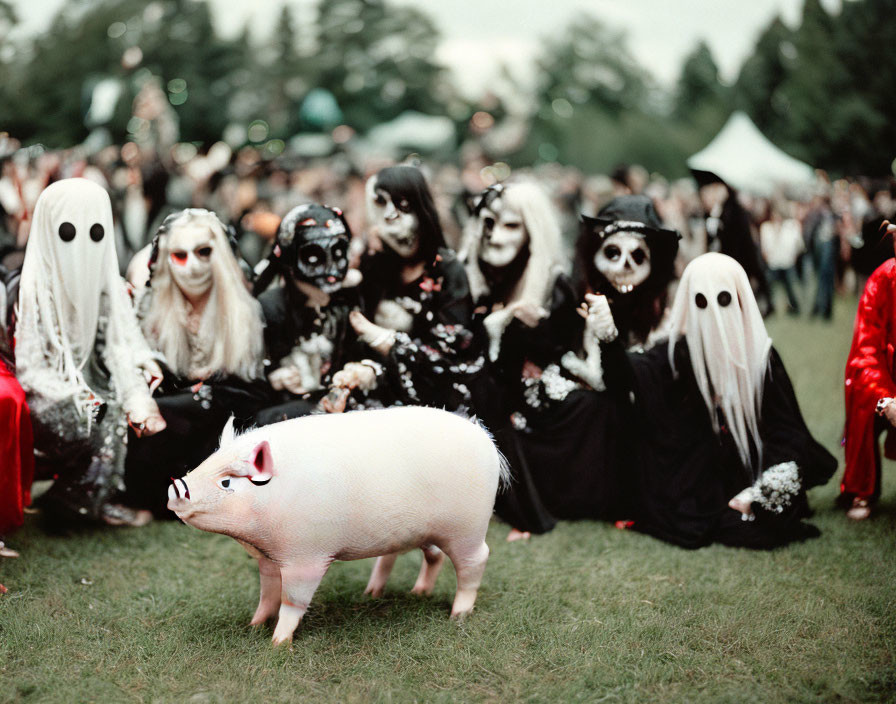 Group in ghost and skull costumes with pig at outdoor event crowd