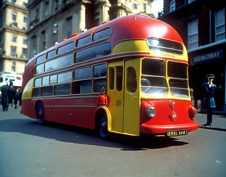 Vintage Red Double-Decker Bus and Uniformed Driver on City Street