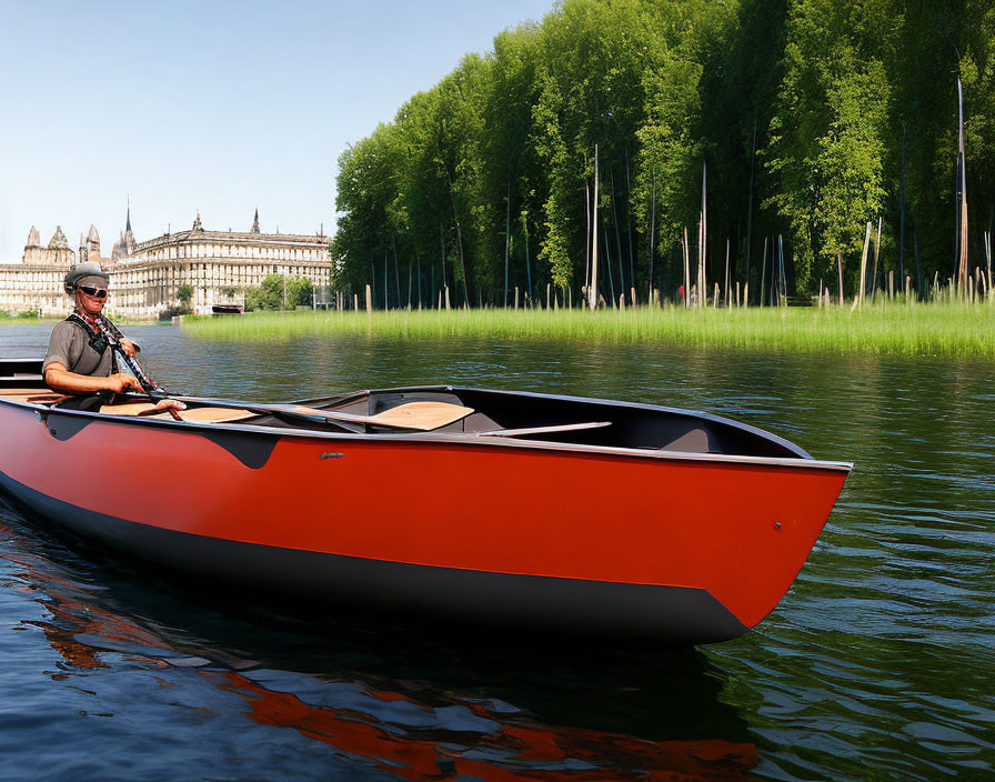 Red kayak paddling on calm river with green trees and classic building against blue sky