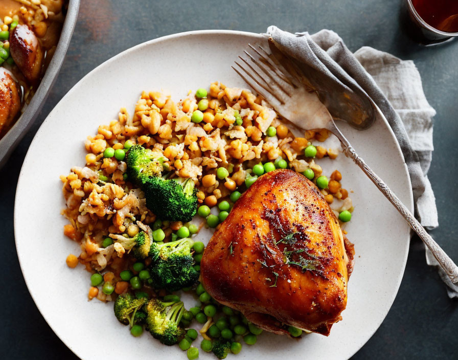 Roasted chicken thigh with brown rice, peas, broccoli, and sauce on a plate