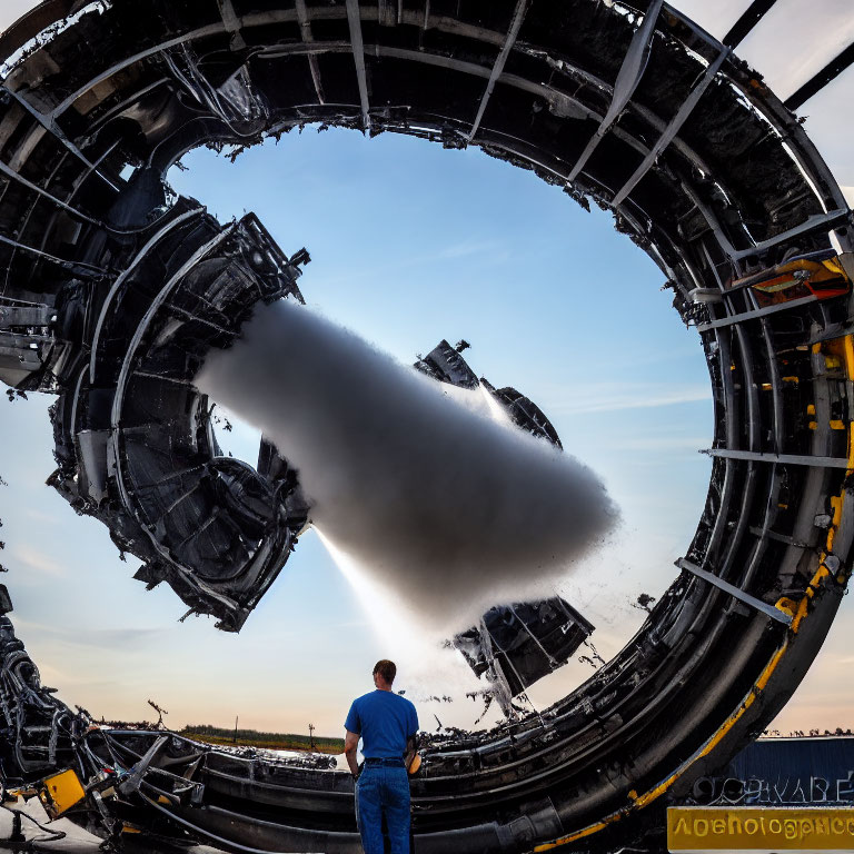 Man watching rocket engine test with massive exhaust plume