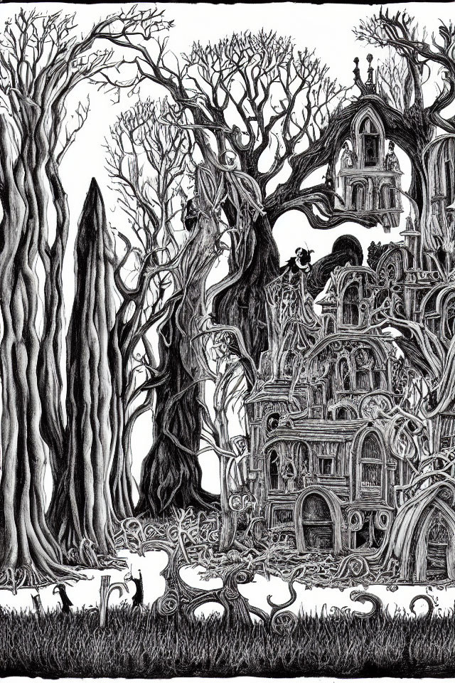 Detailed Black and White Drawing of Whimsical Forest with Elaborate Treehouse