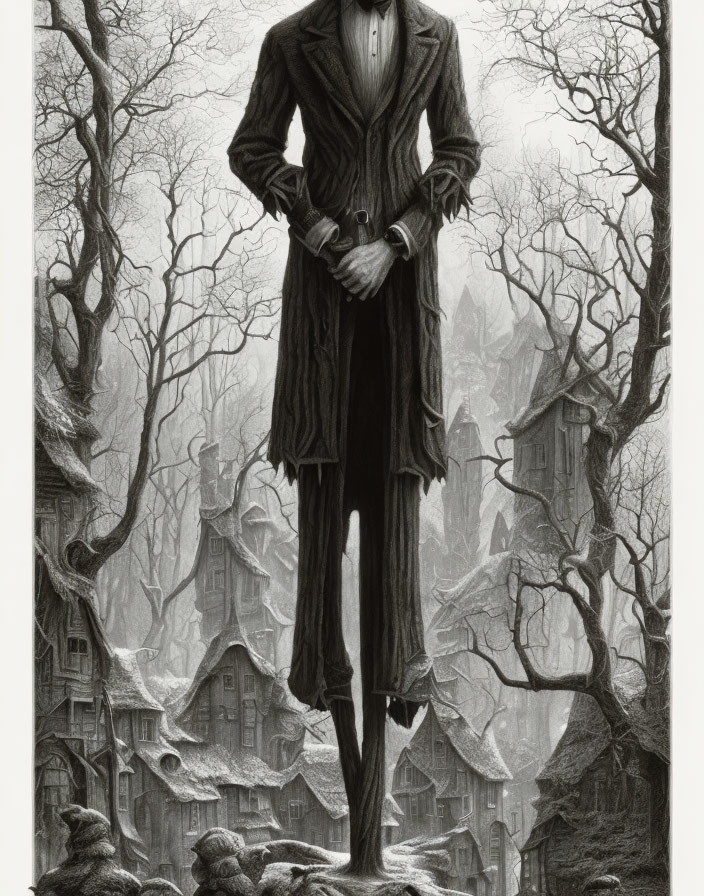 Monochrome illustration: Elongated figure in suit in forest setting