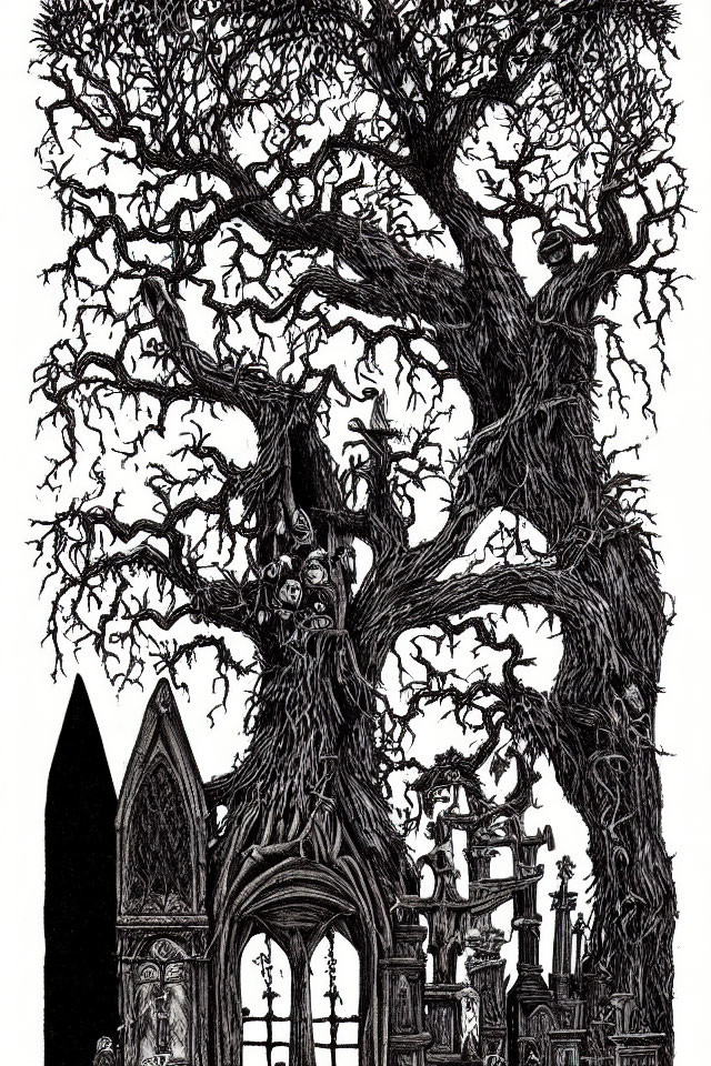 Detailed black and white illustration of gnarled tree, gothic archway, and gravestones