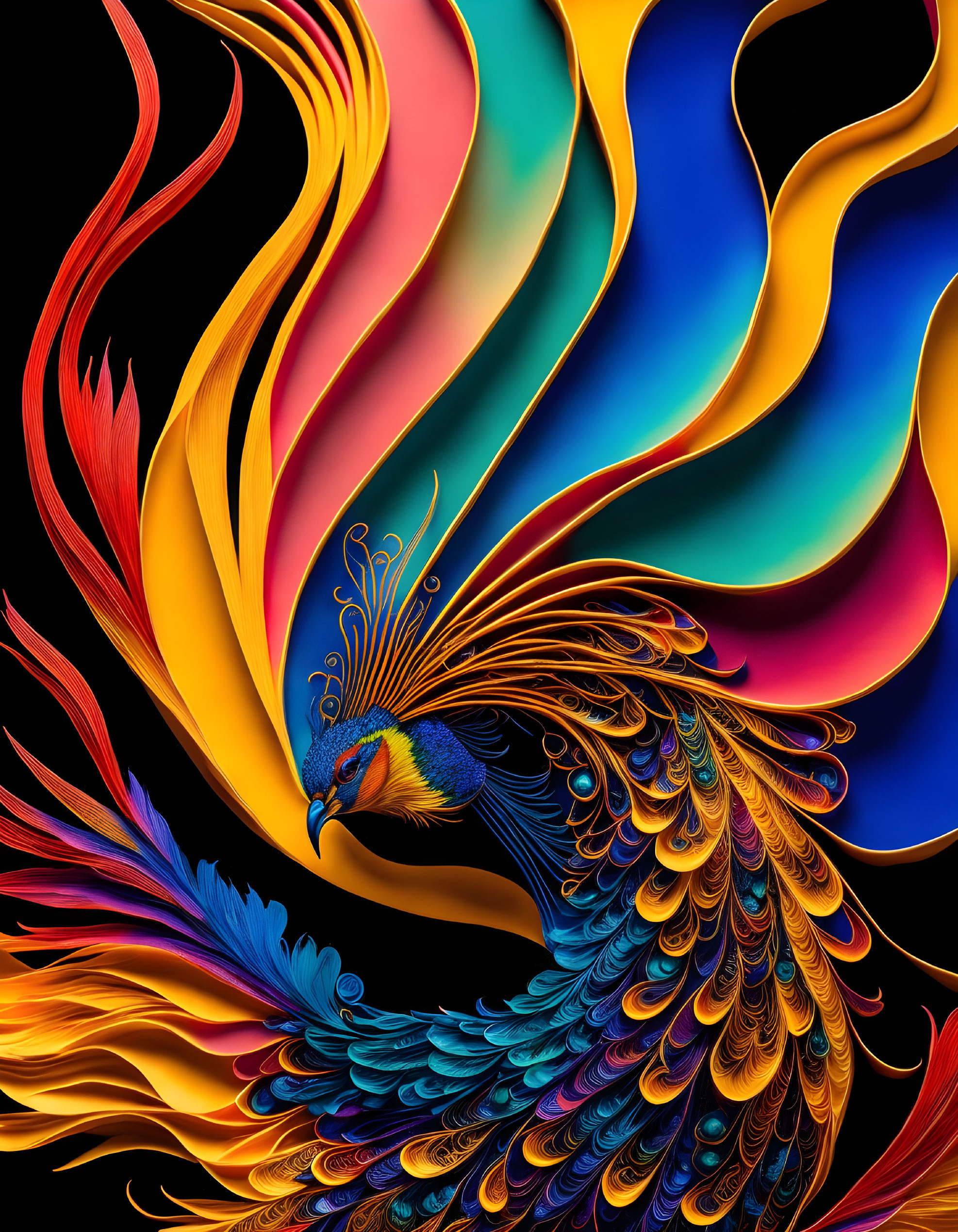 Stylized peacock digital artwork with vibrant multicolored feathers