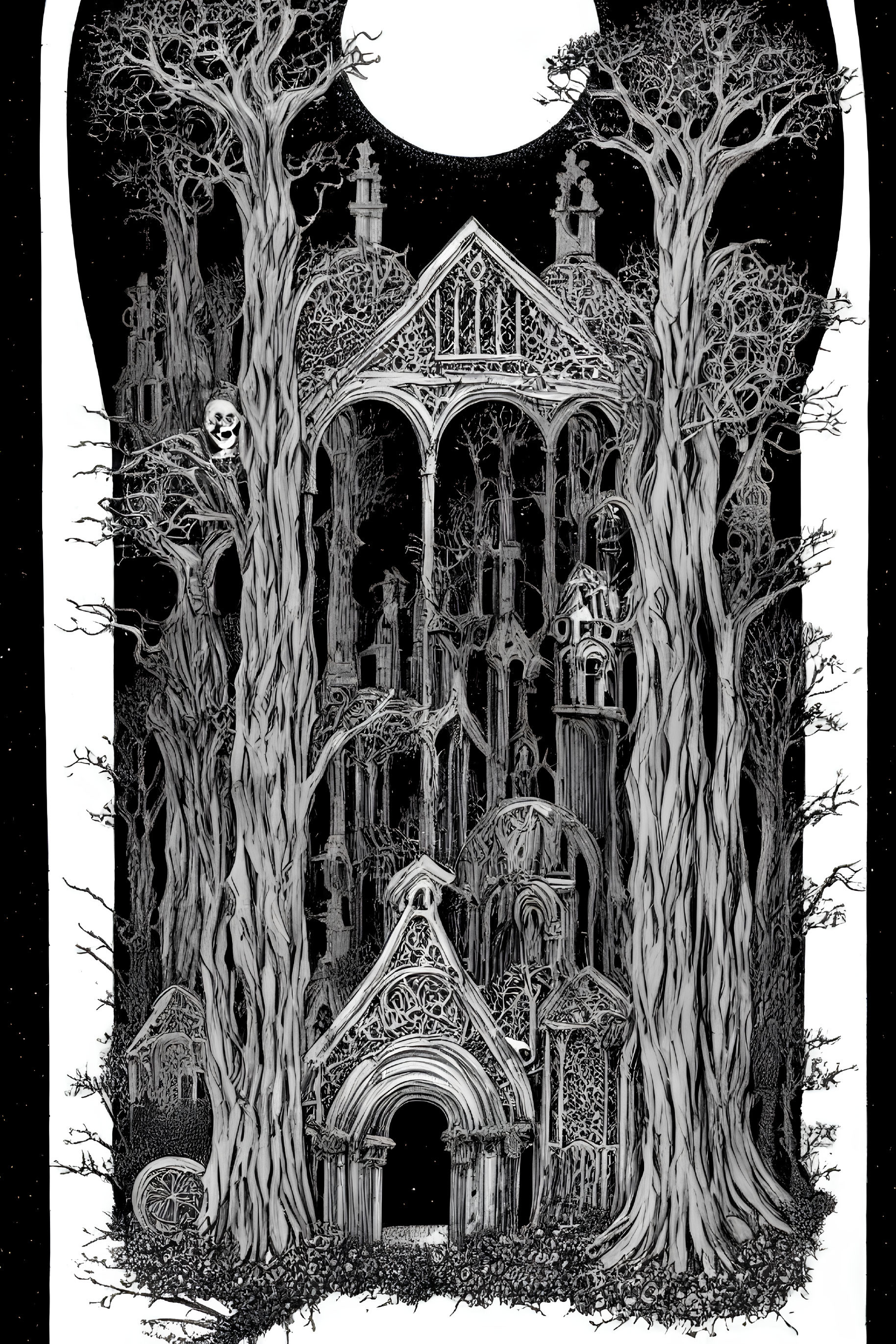 Detailed black and white gothic cathedral in twisted forest under starry sky