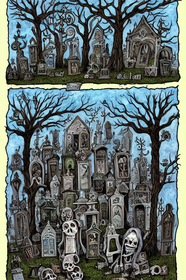 Eerie graveyard scene with tombstones, skeletal figures, and bare trees