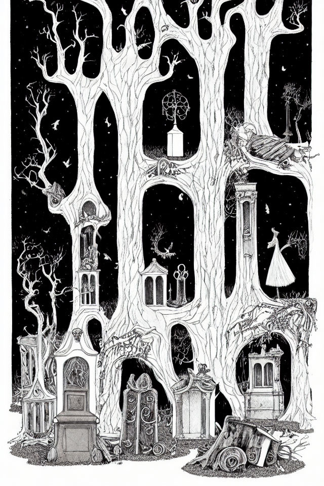 Detailed black and white forest illustration with whimsical architecture against starry sky