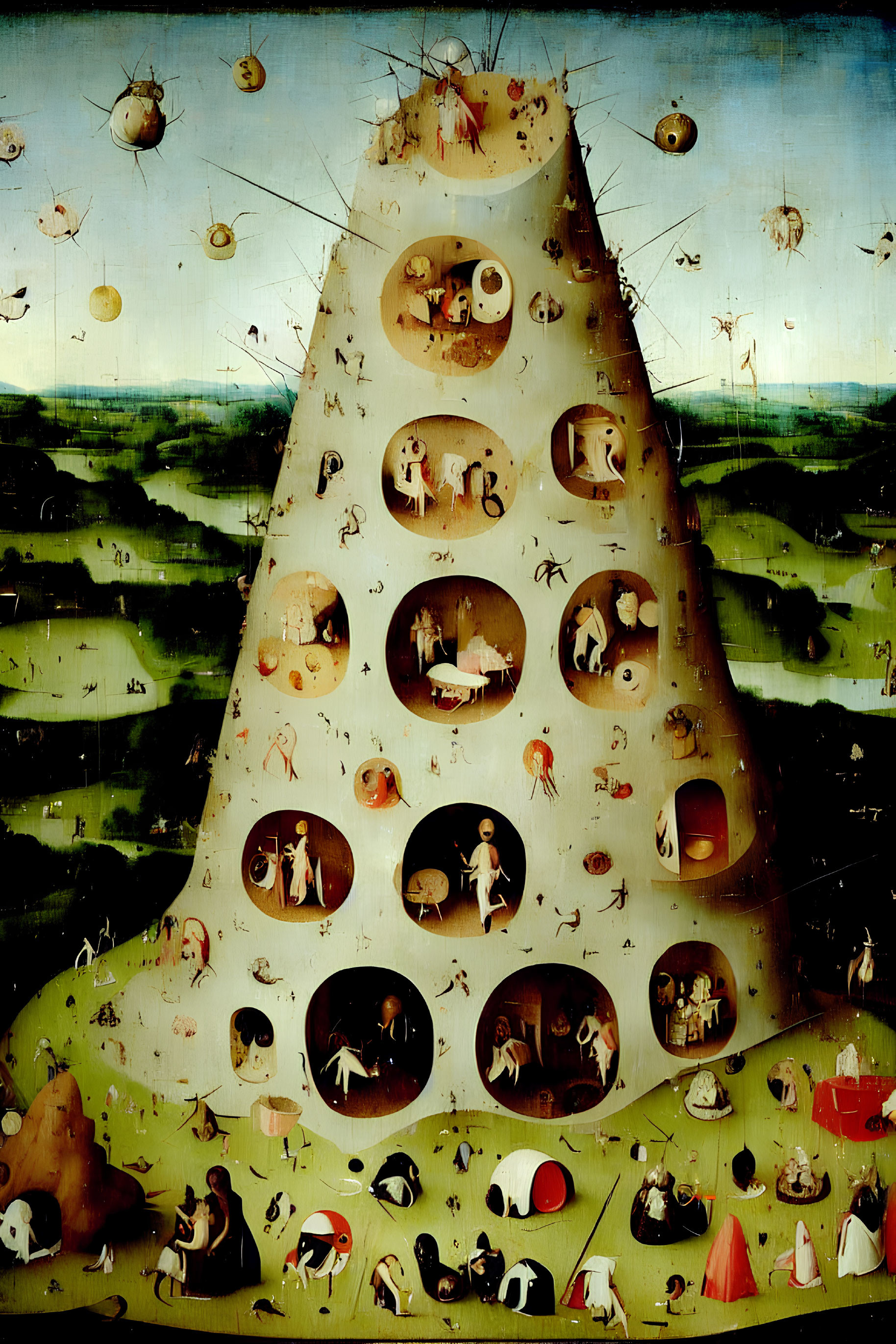 Surreal painting of conical structure with people and creatures in landscape.