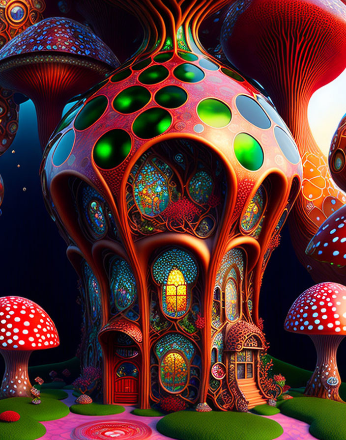 Colorful psychedelic mushroom structures against night sky