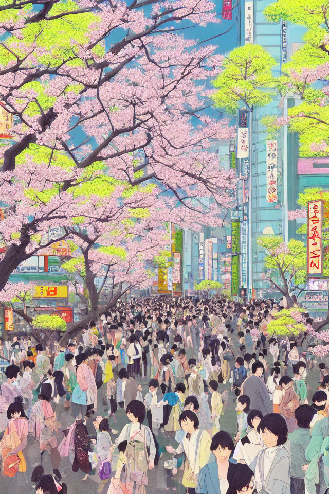 Crowded street scene under cherry blossom trees and urban signs