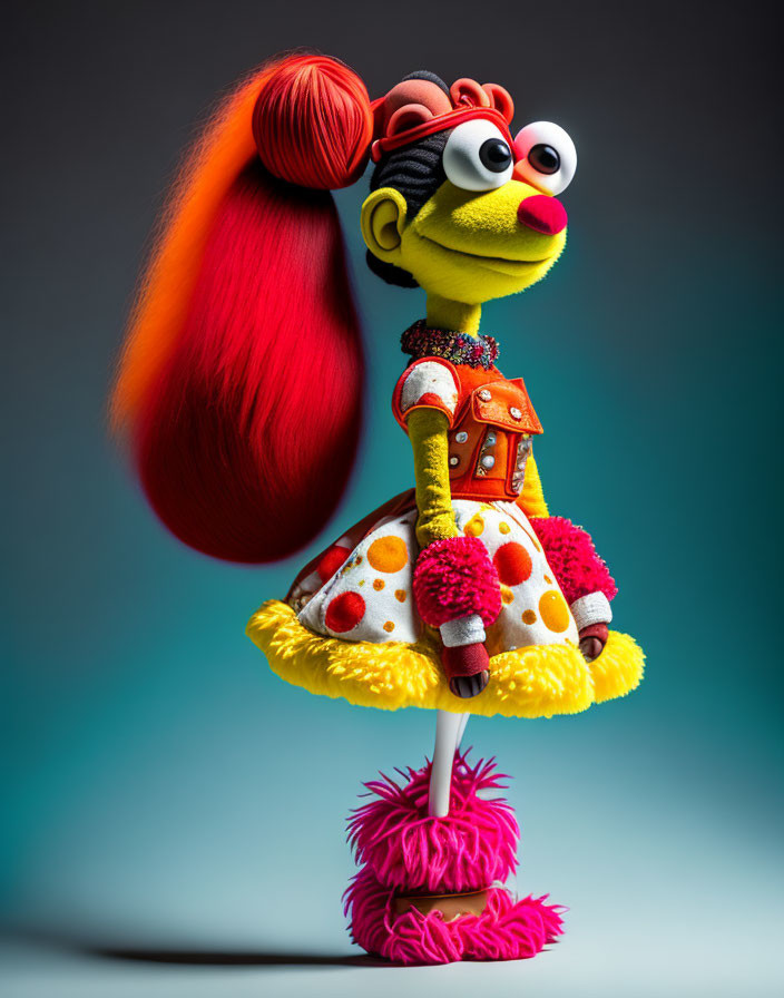 Vibrant puppet with red hair and big eyes on blue background