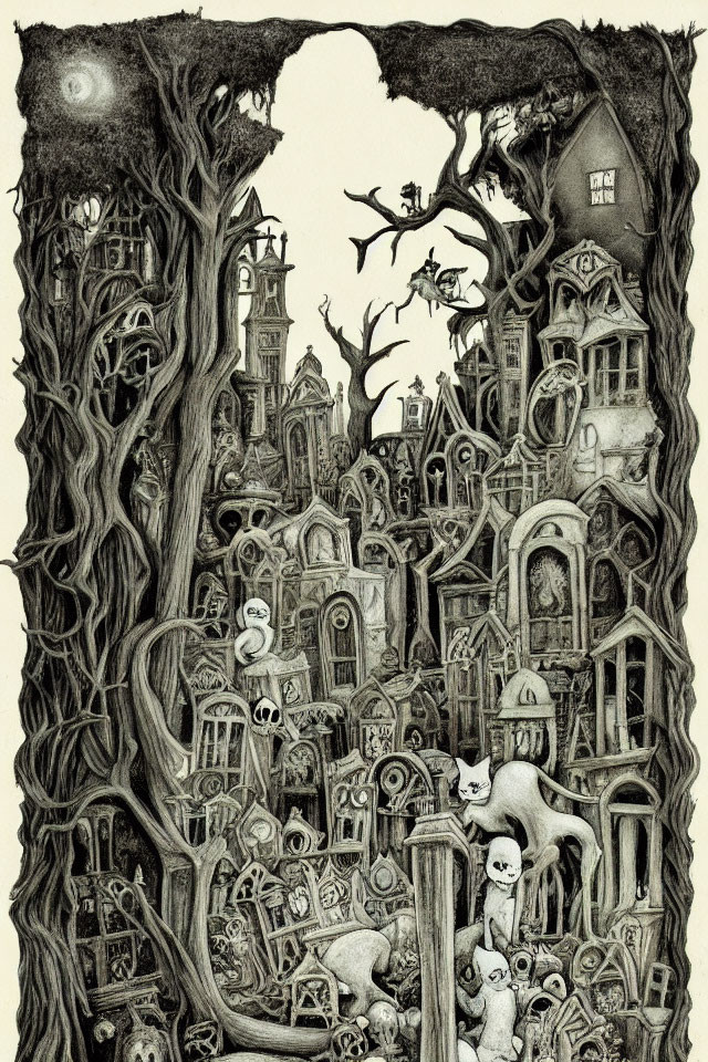 Detailed monochrome surreal cityscape with twisted tree and anthropomorphic cats