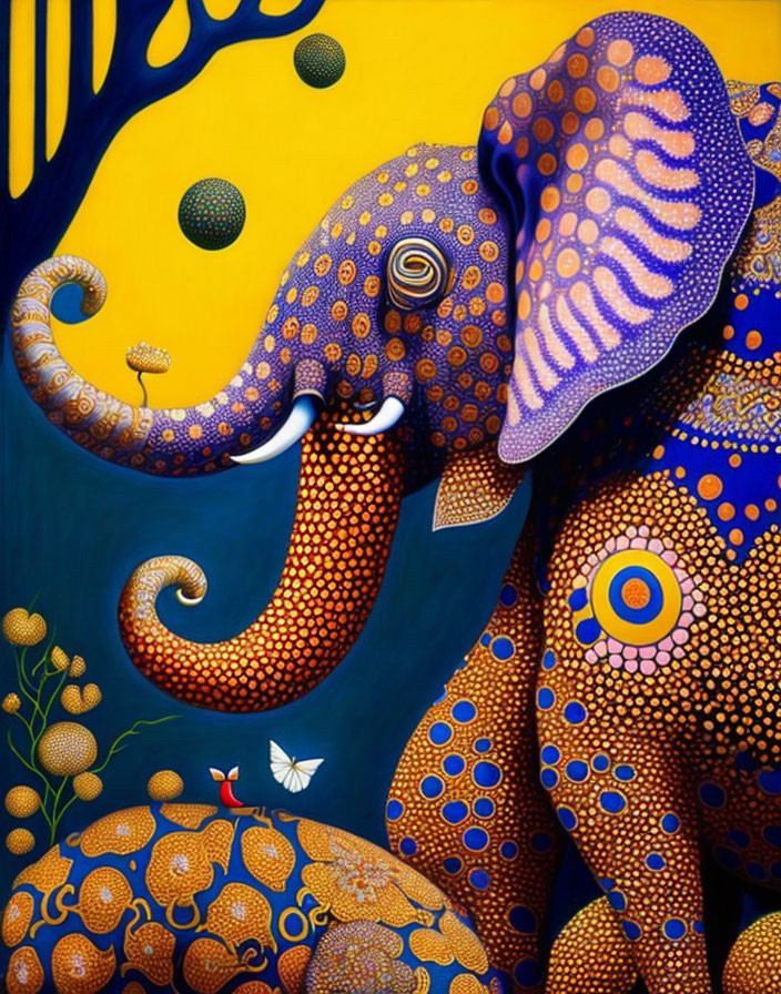 Vibrant surreal artwork: decorated elephant, stylized tree, floating spheres, bird & butterfly