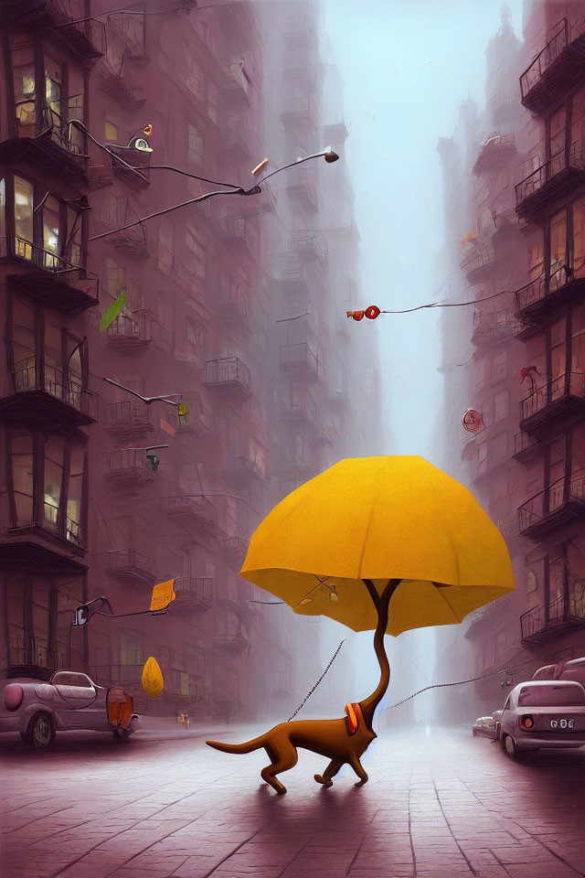 Whimsical street scene with walking cat and yellow umbrella