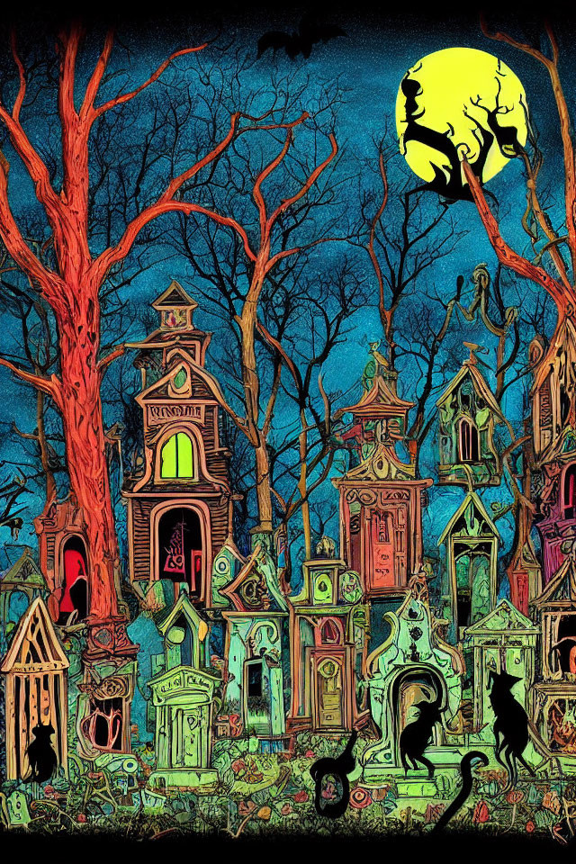 Colorful Illustration of Haunted Graveyard with Tombstones, Trees, Cats, and Moon