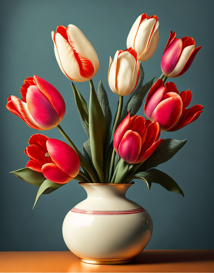 Red and White Tulip Bouquet in White Vase on Teal Background