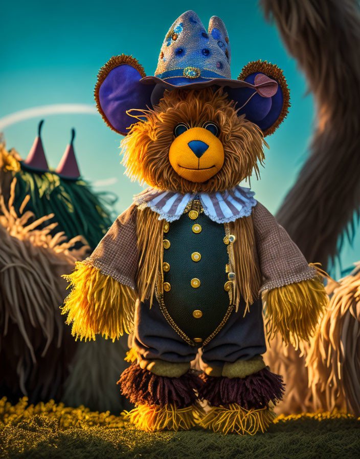 Whimsical plush bear in blue hat at festival background