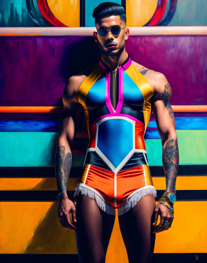 Stylish individual with mohawk and sunglasses in colorful outfit on vibrant background