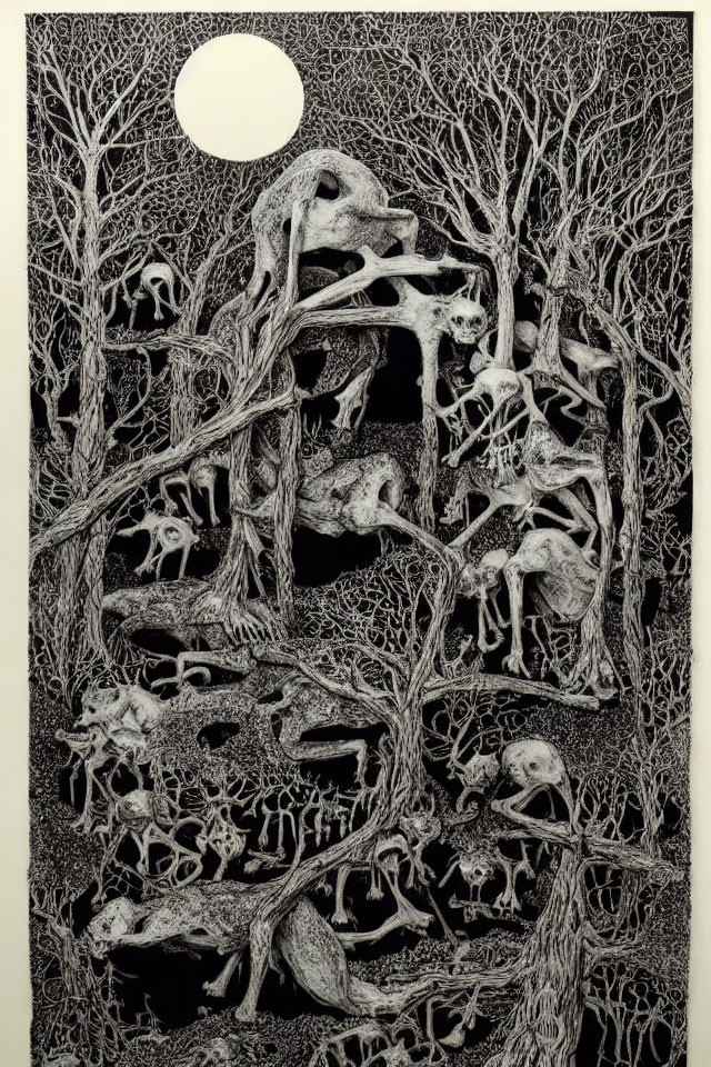 Detailed Black and White Forest Illustration with Animal Skulls and Moon