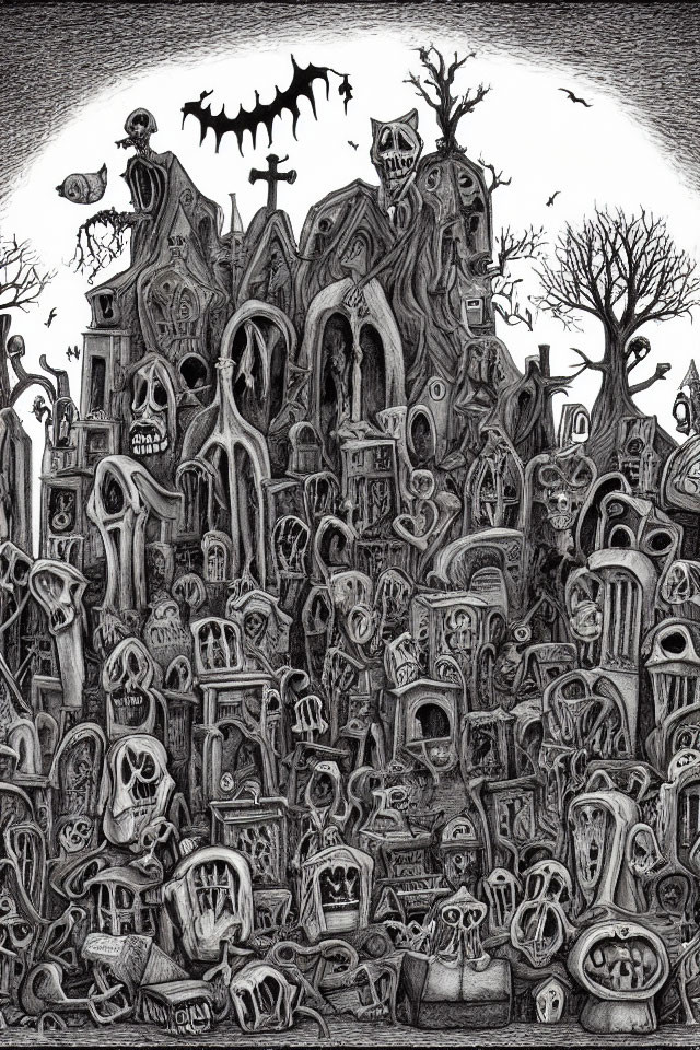 Detailed Monochrome Illustration of Spooky Graveyard with Ghostly Figures