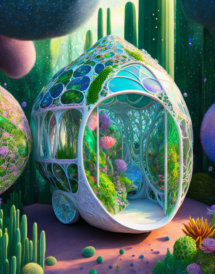 Surreal image of vibrant bubble-like structure in alien garden