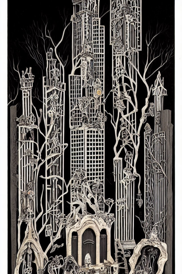 Detailed monochromatic gothic cathedral with skeletal figures and trees.