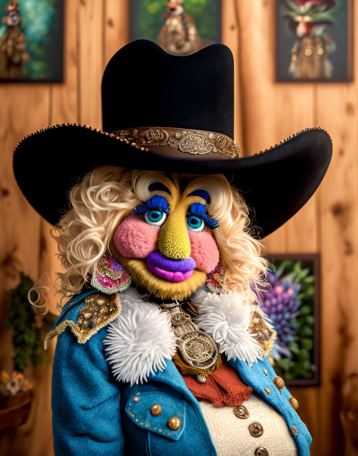 Colorful Western-themed puppet with curly blonde hair and large blue eyes against a wooden backdrop.