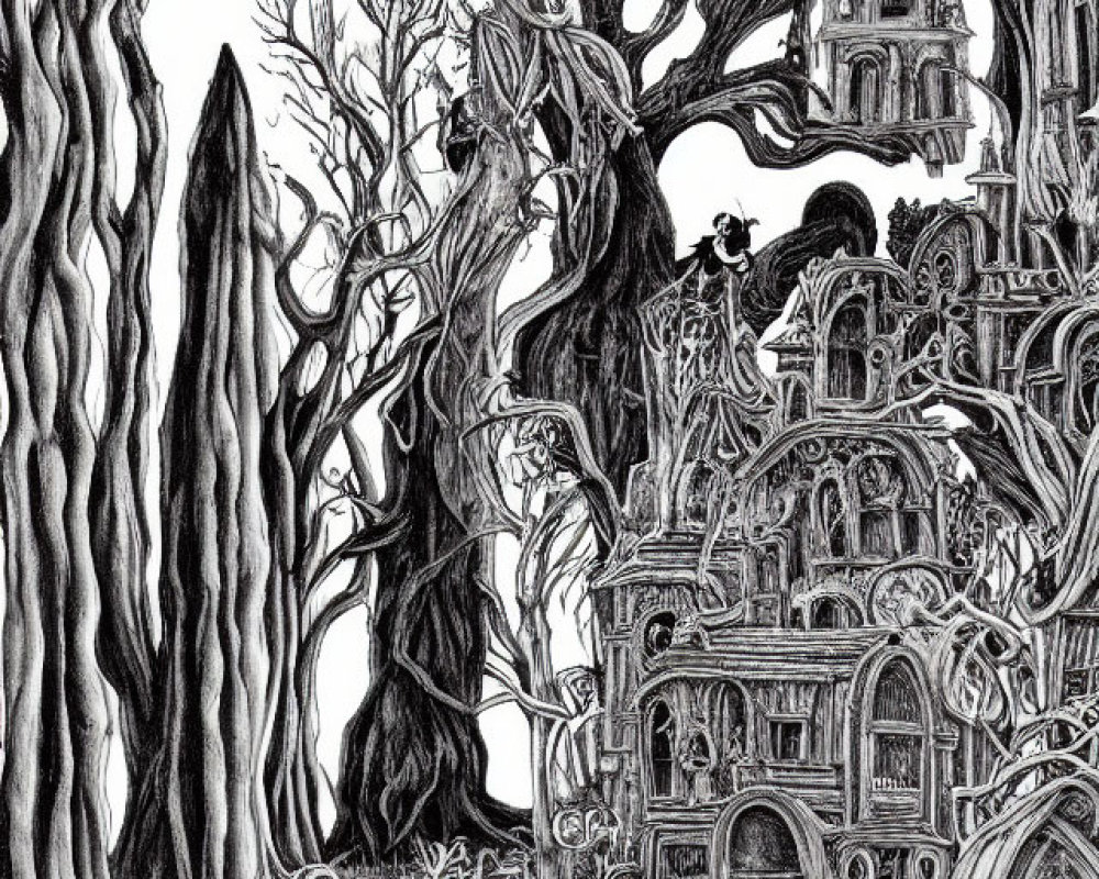 Detailed Black and White Drawing of Whimsical Forest with Elaborate Treehouse