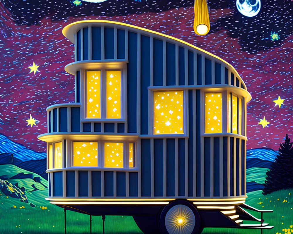 Glowing multi-story caravan under starry night sky