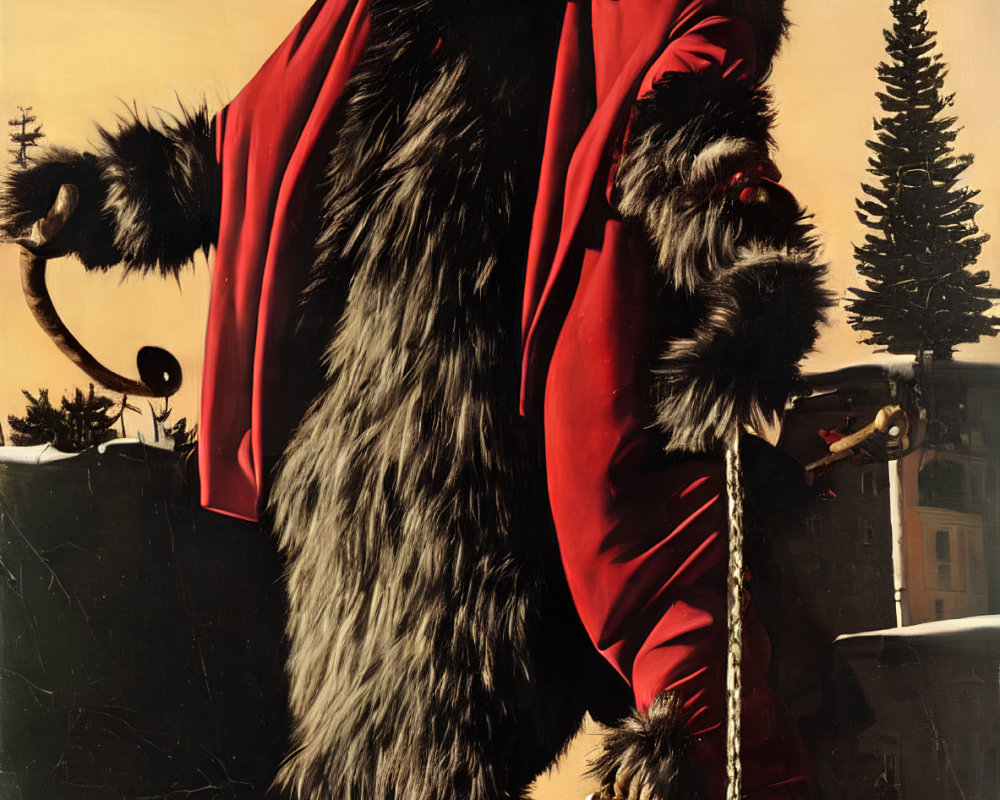 Sinister figure in red and black costume with horned mask and staff on snowy ground