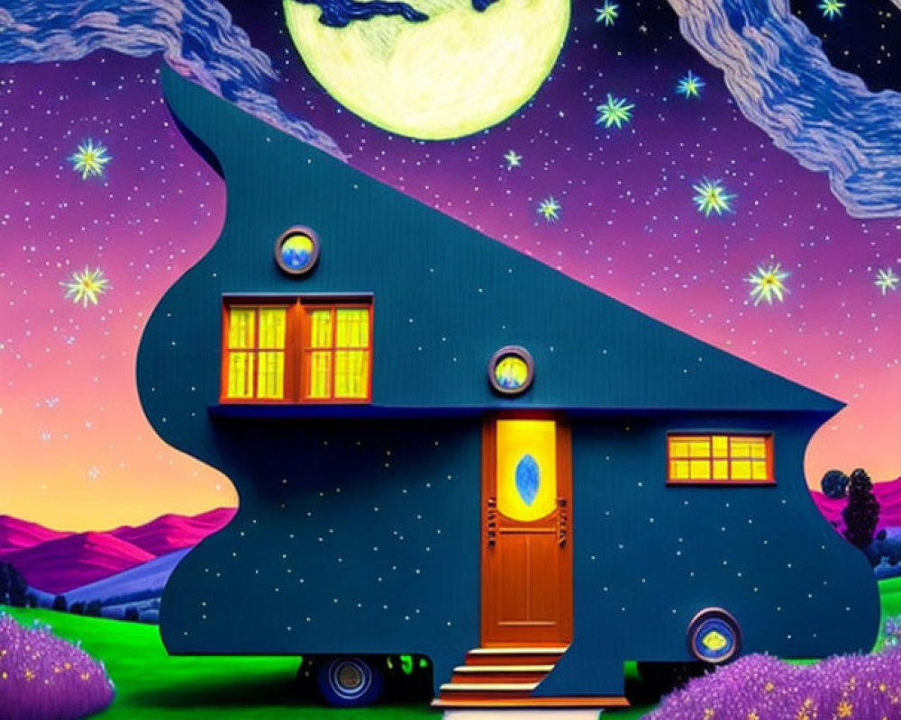 Illustration of starry night with full moon over arrow-shaped house surrounded by purple flowers and rolling hills