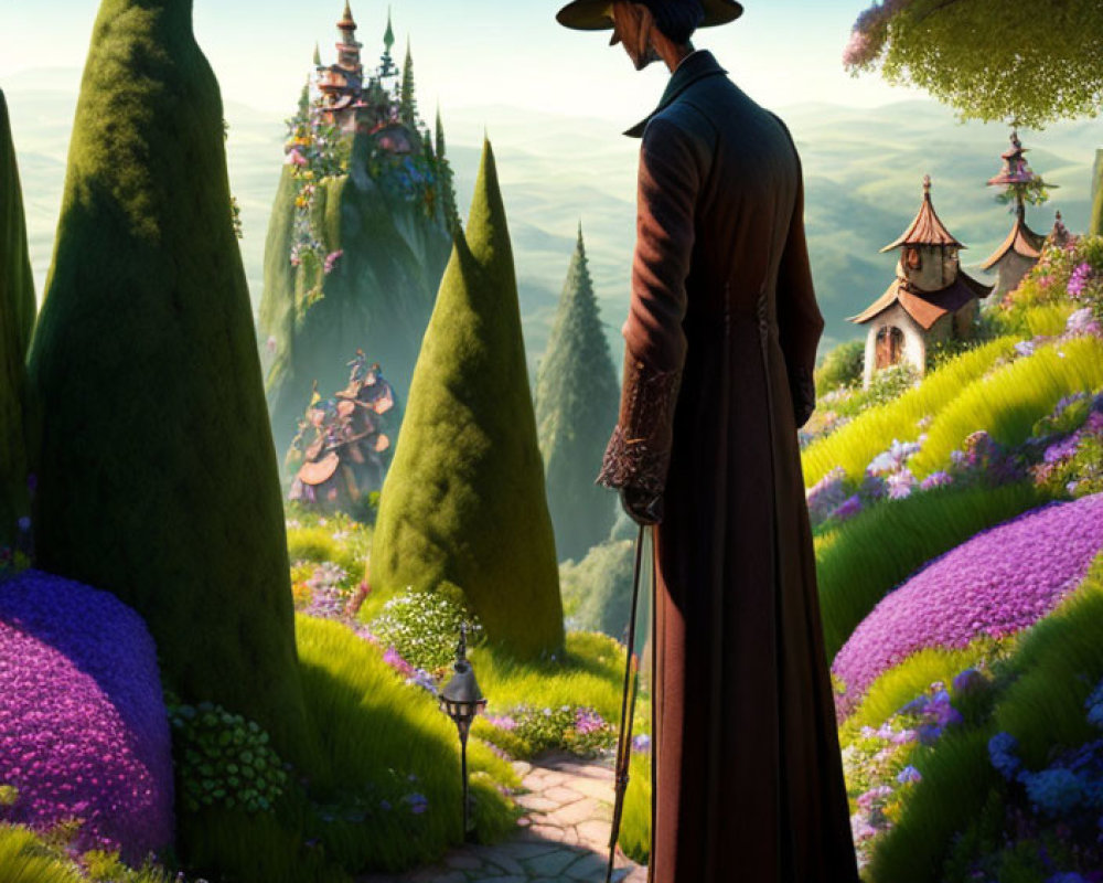 Person in hat and coat gazes at fantasy landscape with vibrant flowers and distant castles.