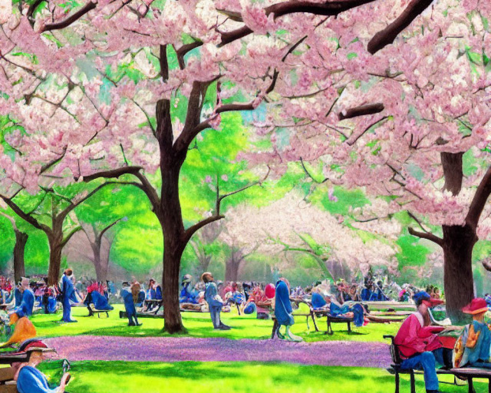 Tranquil park scene with people under pink cherry blossom trees