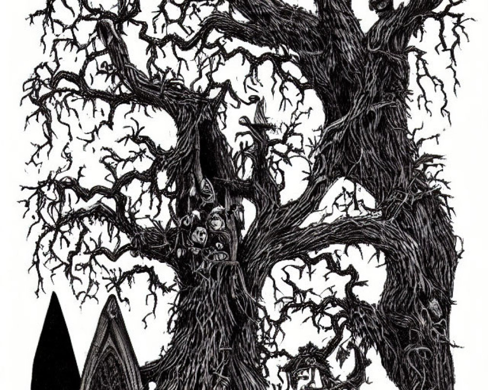 Detailed black and white illustration of gnarled tree, gothic archway, and gravestones