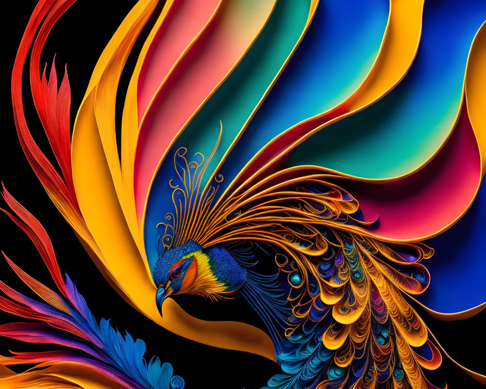 Stylized peacock digital artwork with vibrant multicolored feathers