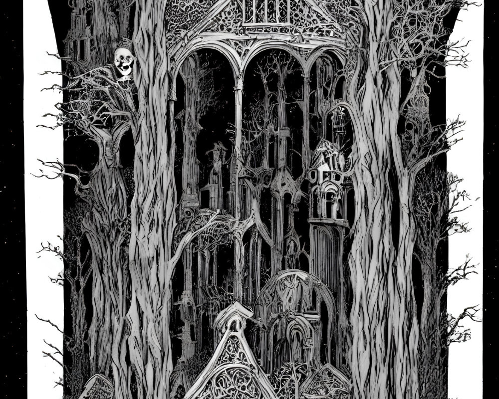 Detailed black and white gothic cathedral in twisted forest under starry sky