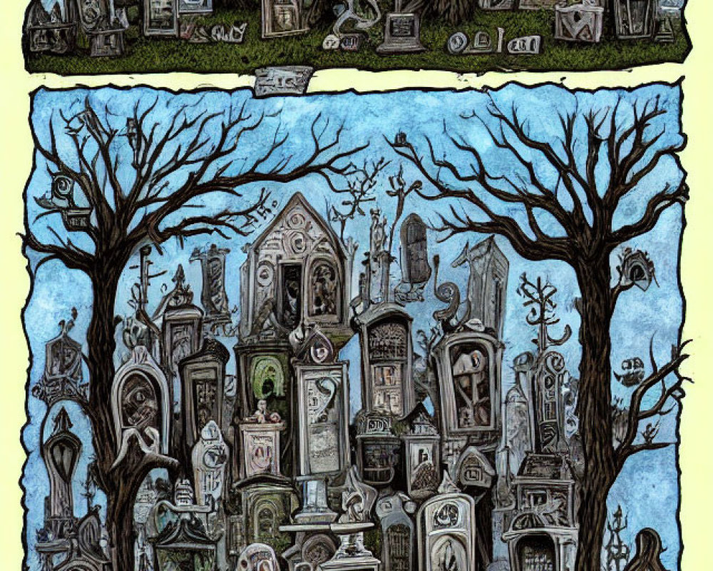 Eerie graveyard scene with tombstones, skeletal figures, and bare trees