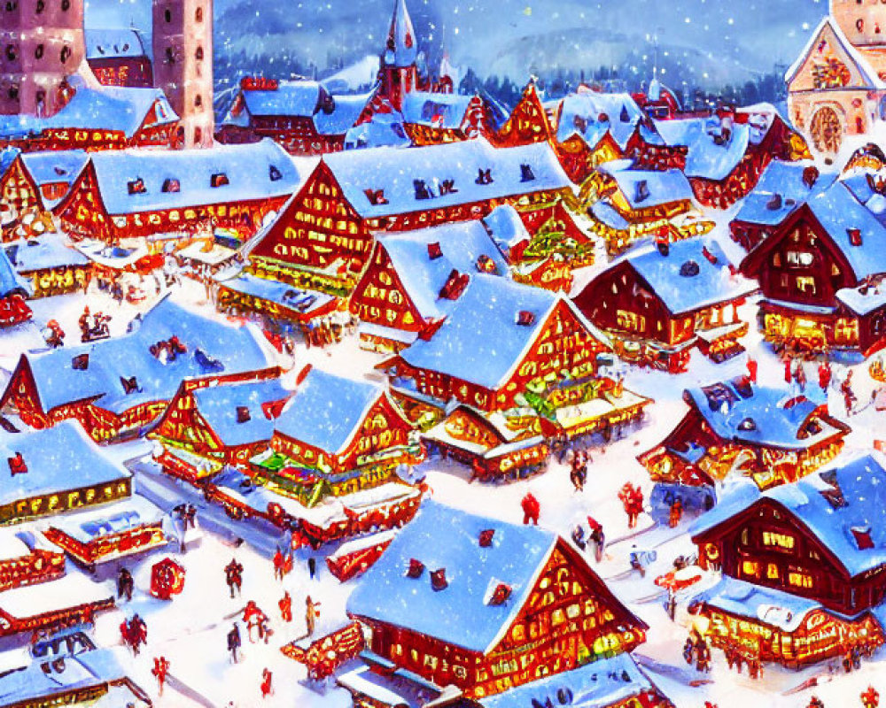 Snowy village Christmas market with festive stalls and historical backdrop