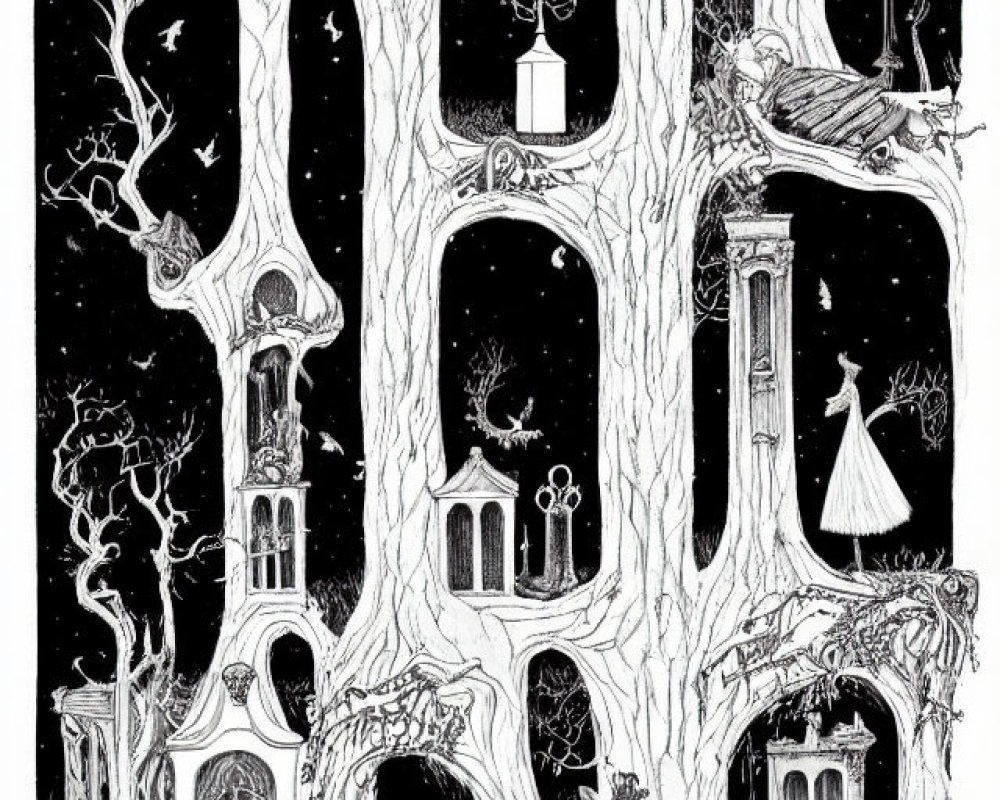 Detailed black and white forest illustration with whimsical architecture against starry sky