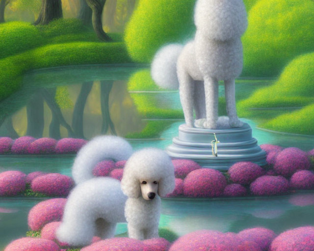 Fluffy poodles in surreal green landscape with pink bushes