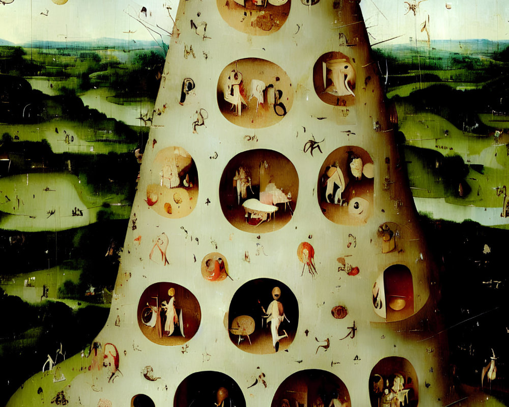 Surreal painting of conical structure with people and creatures in landscape.