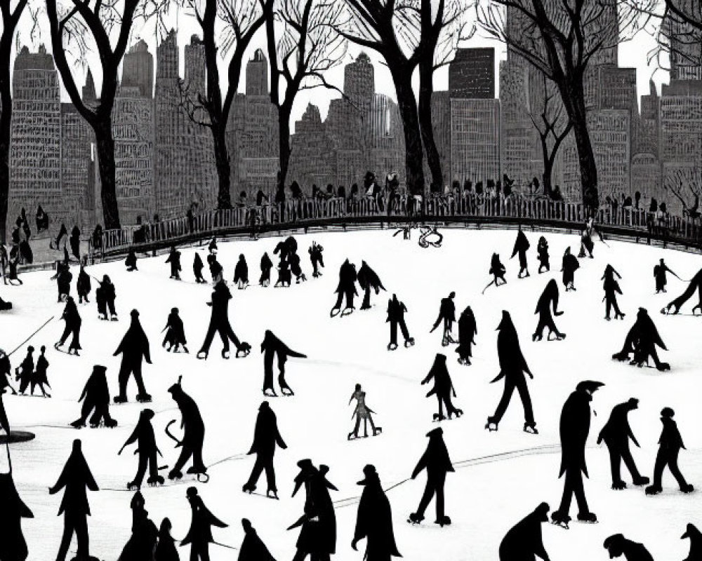 Monochrome illustration of people ice-skating in winter scene